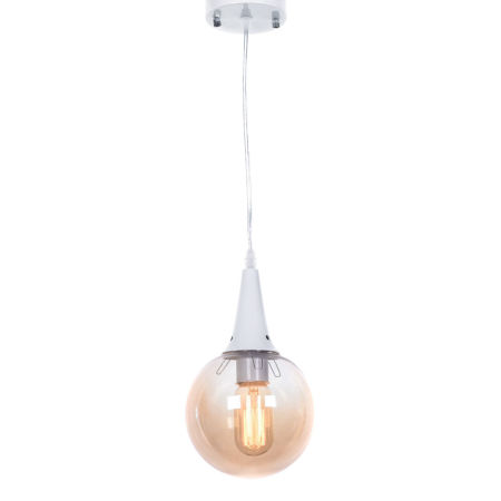 Sklenená biela závesná lampa ROCHERRO, tienidlo jantárová guľa, loftový štýl