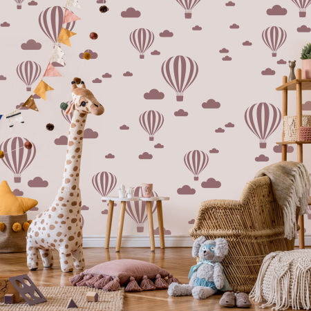 Tapeta pre deti, béžovo-hnedé LIETAJÚCE BALÓNY a OBLÁČIKY