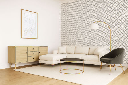 Bielo-čierna geometrická  tapeta na stenu, LÍNIE, TROJUHOLNÍKY, KOSOŠTVORCE