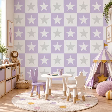 Tapeta HVIEZDY 38 cm v štvorcoch bielo-fialovo-sivá
