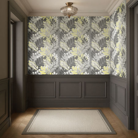 Tapeta AGÁTOVÉ LISTY, sivo-bielo-žltá, rastlinný motív