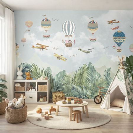 Detská tapeta - lietajúce balóny v oblakoch, lietadlá, hory, džungľa