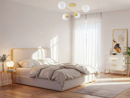 Zlaté stropné svietidlo, asymetrický tvar, kovové trubice, biele gule, klasická zlatá farba - FINO