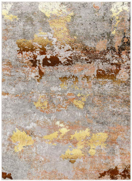 Žlto-šedý koberec do obývačky alebo spálne, zlatý, hnedý, medený, abstraktný, protišmykový, prateľný