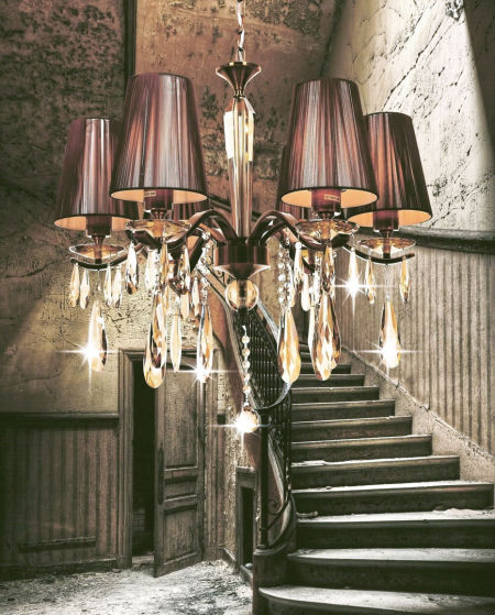 Krištáľový luster, mosadzná farba, bronzové tienidlá, štýlový, šesťramenný, na reťazi - ALESSIA W6