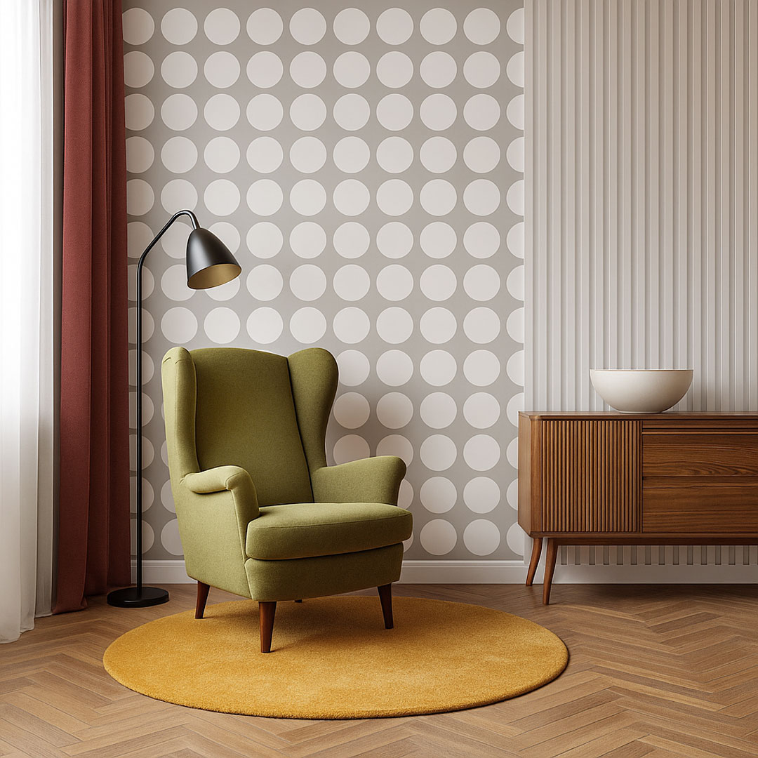 Sivá tapeta s veľkými kruhmi, kolieskami 18 cm - Dekoori obrázok 2