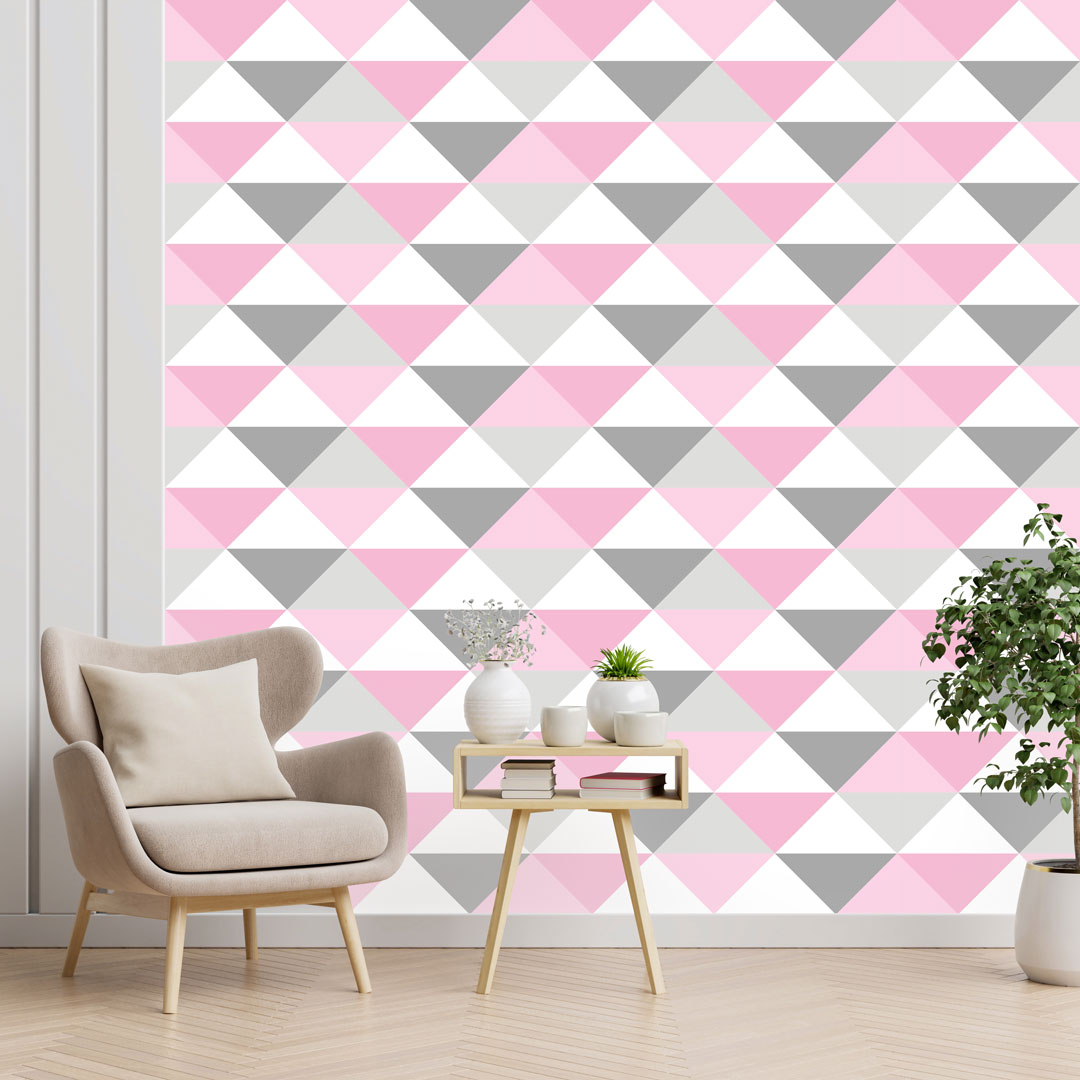 Geometrická škandinávska tapeta s bielo-sivo-ružovými pastelovými TROJUHOLNÍKmi 33 cm - Dekoori obrázok 2