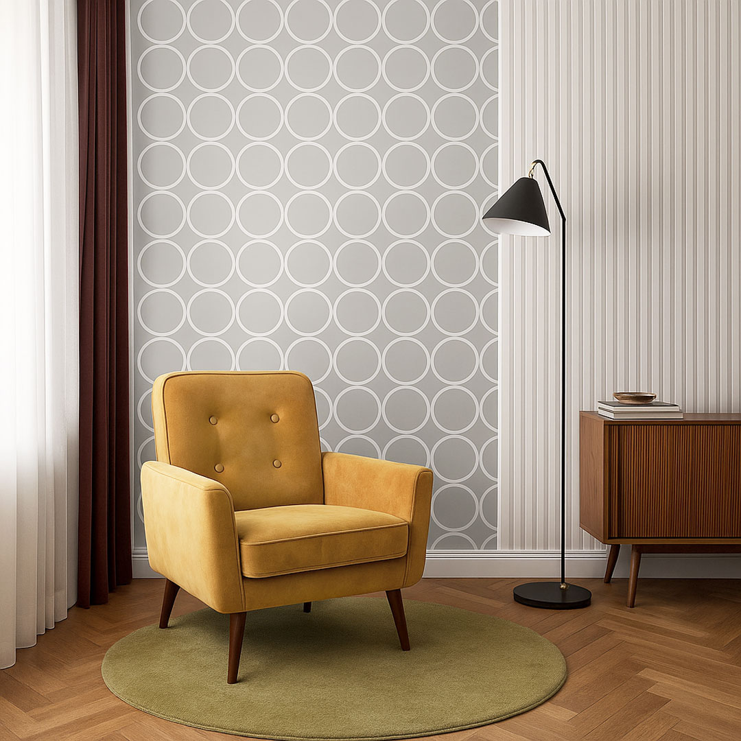 Sivá tapeta s bielymi kruhmi, kolieskami - Dekoori obrázok 2