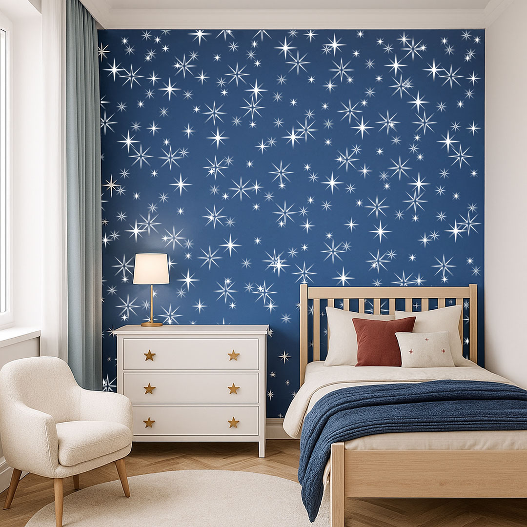 Modro-biela tapeta mihotajúce sa hviezdy, modrá farba PANTONE Classic Blue - Dekoori obrázok 2