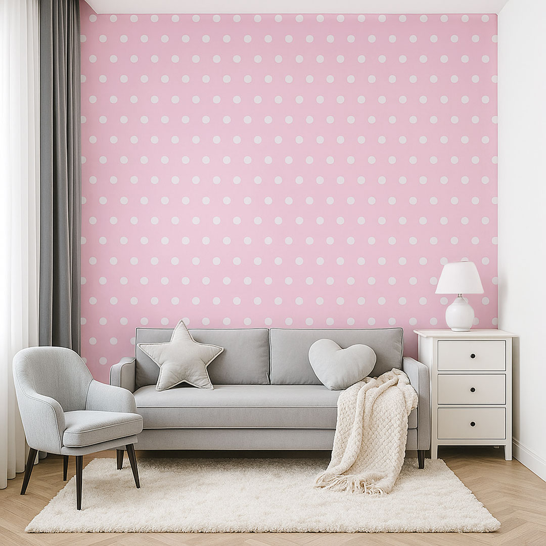 Ružová tapeta s bielymi bodkami, polka dot 5 cm - Dekoori obrázok 2
