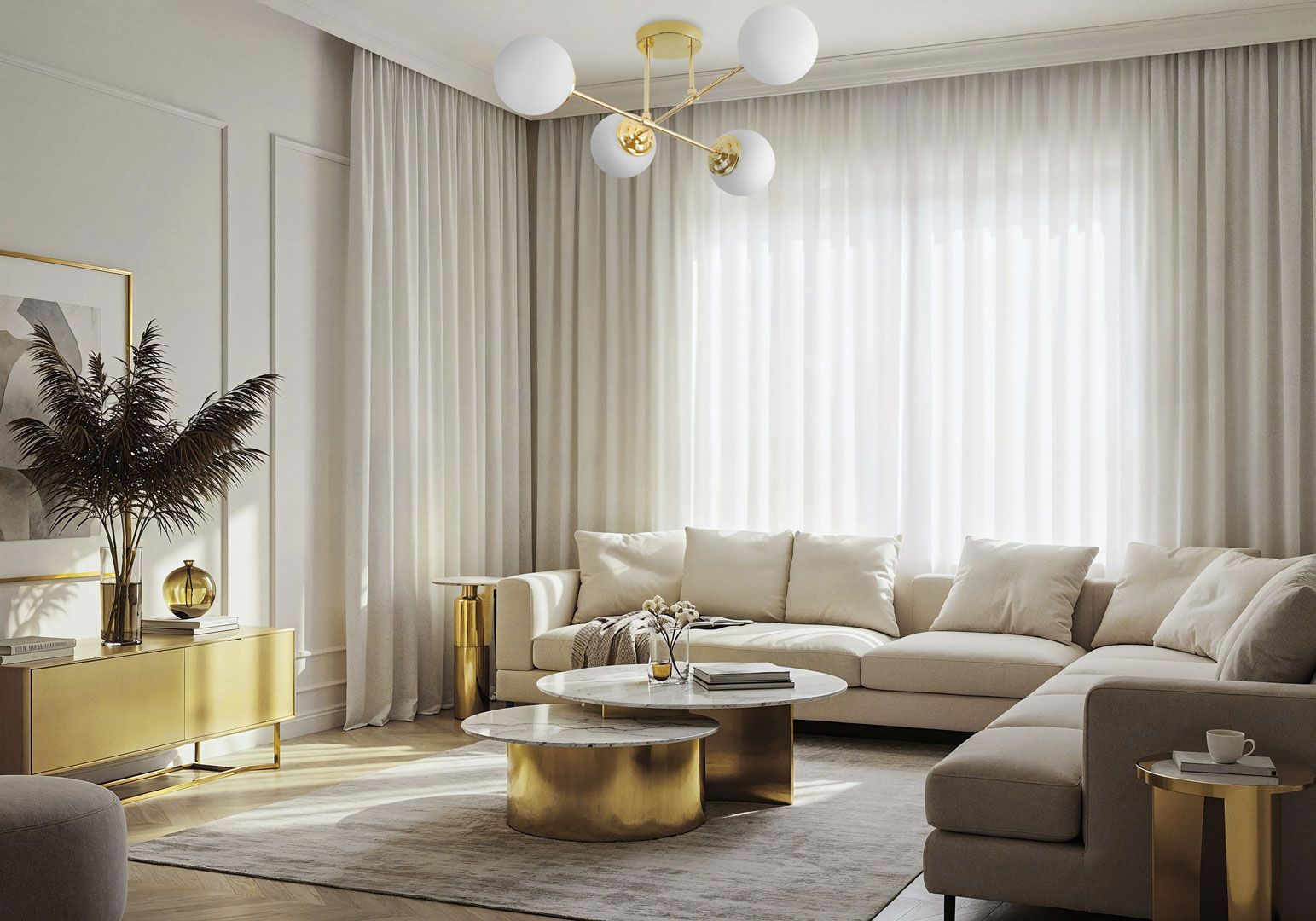 Zlaté stropné svietidlo, asymetrický tvar, kovové trubice, biele gule, klasická zlatá farba - FINO - Lampit obrázok 2