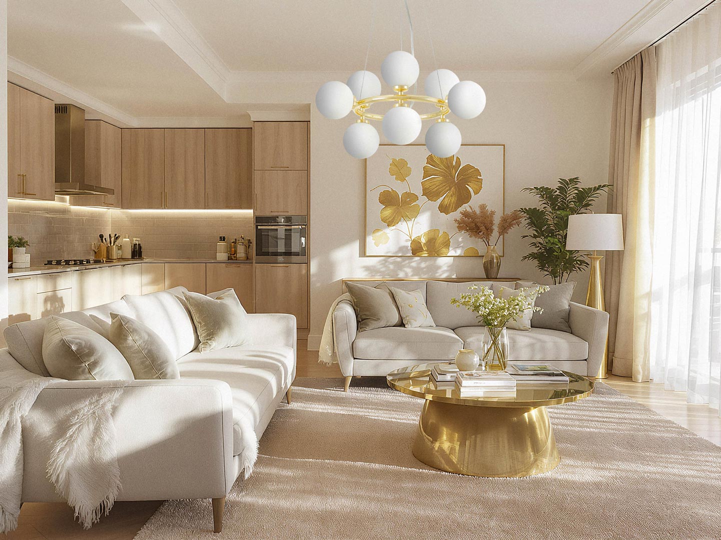 Zlatý luster, biele sklenené gule, klasická zlatá, glamour závesná lampa - MARSIADA - Lumina Deco obrázok 2