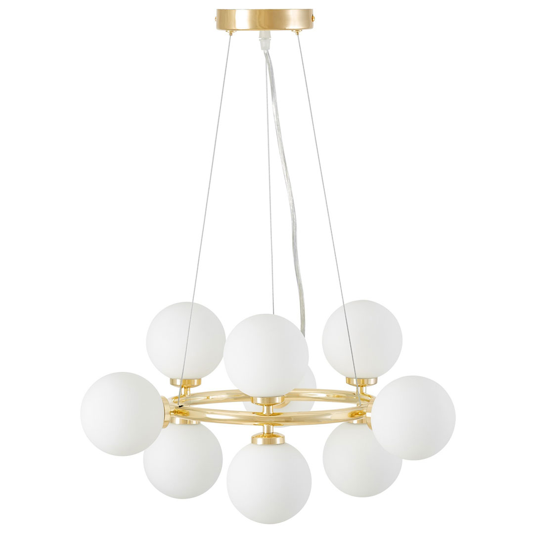 Zlatý luster, biele sklenené gule, klasická zlatá, glamour závesná lampa - MARSIADA - Lumina Deco obrázok 2