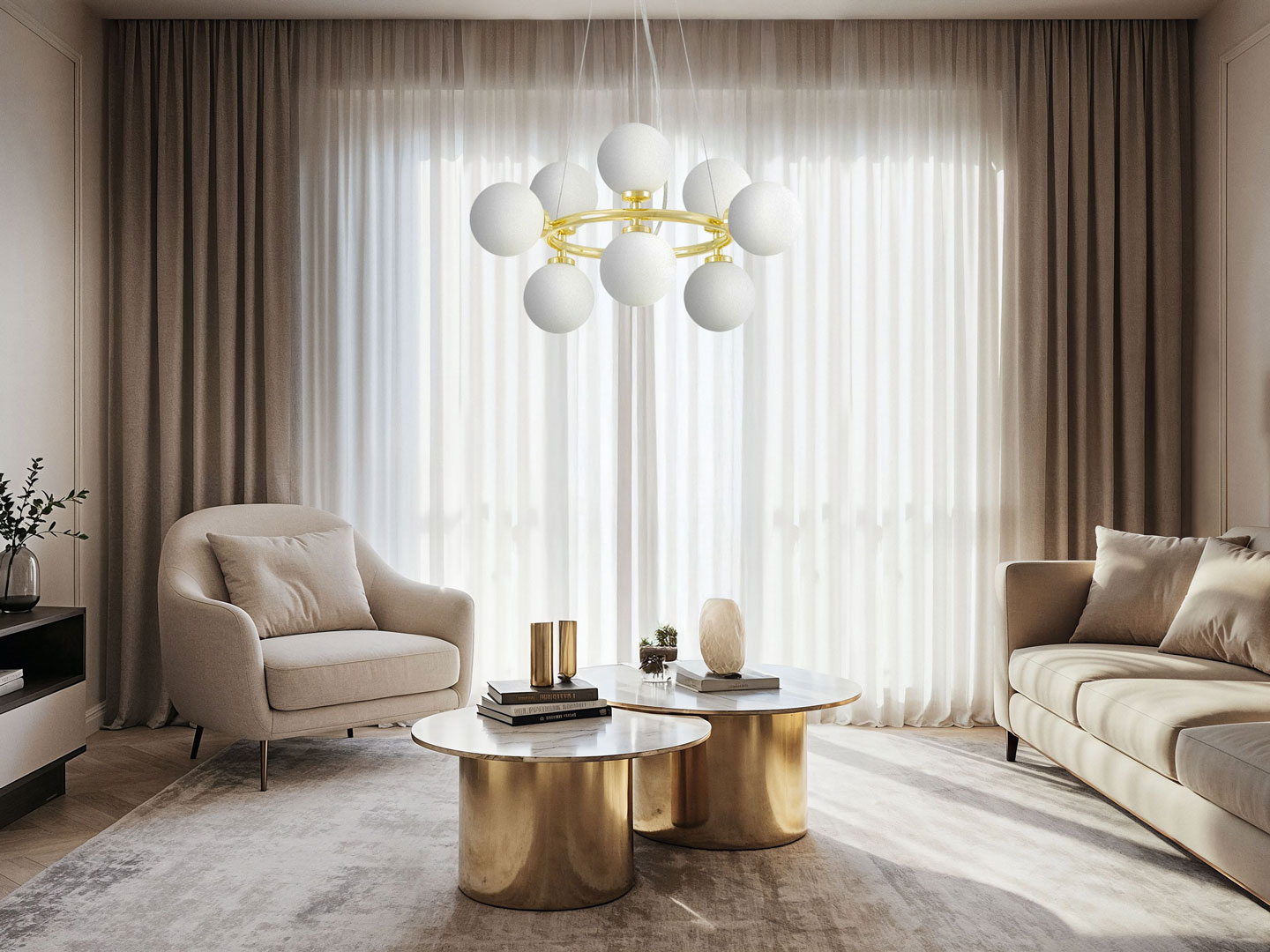 Zlatý luster, biele sklenené gule, klasická zlatá, glamour závesná lampa - MARSIADA - Lumina Deco obrázok 4