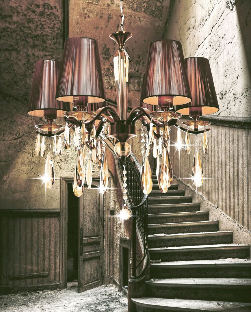 Krištáľový luster, mosadzná farba, bronzové tienidlá, štýlový, šesťramenný, na reťazi - ALESSIA W6 - Lumina Deco obrázok 2