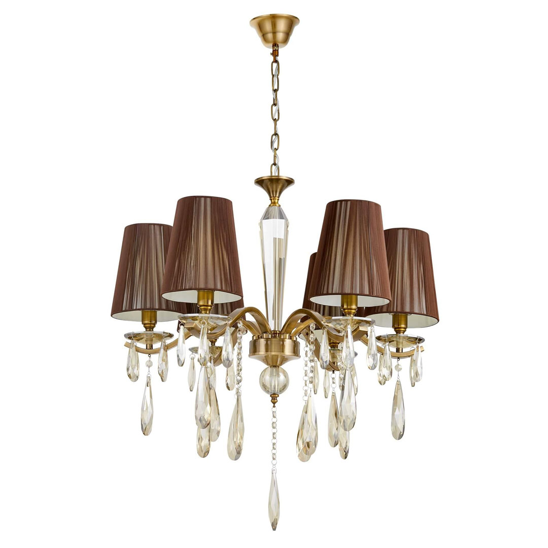 Krištáľový luster, mosadzná farba, bronzové tienidlá, štýlový, šesťramenný, na reťazi - ALESSIA W6 - Lumina Deco obrázok 3