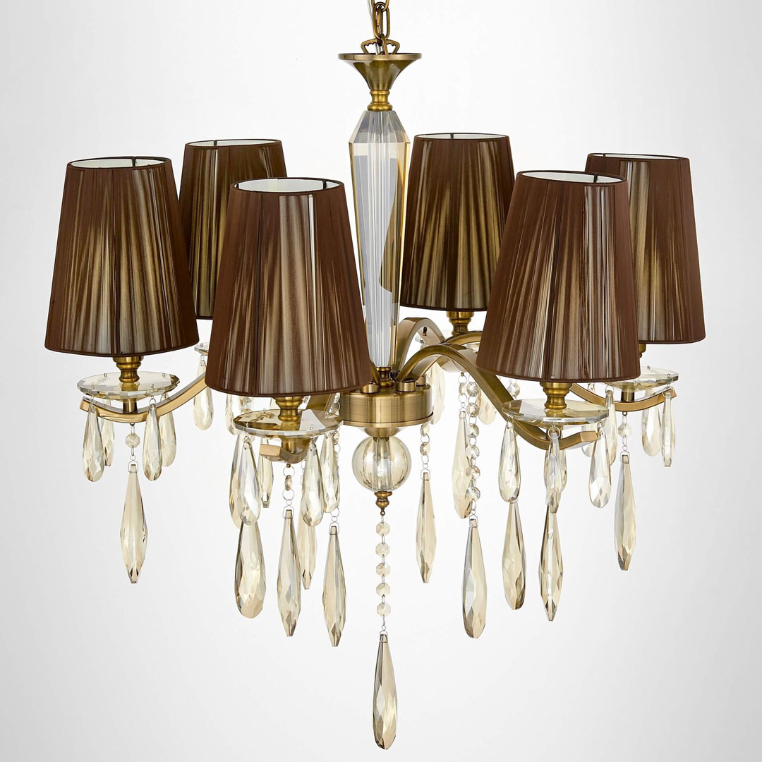 Krištáľový luster, mosadzná farba, bronzové tienidlá, štýlový, šesťramenný, na reťazi - ALESSIA W6 - Lumina Deco obrázok 4